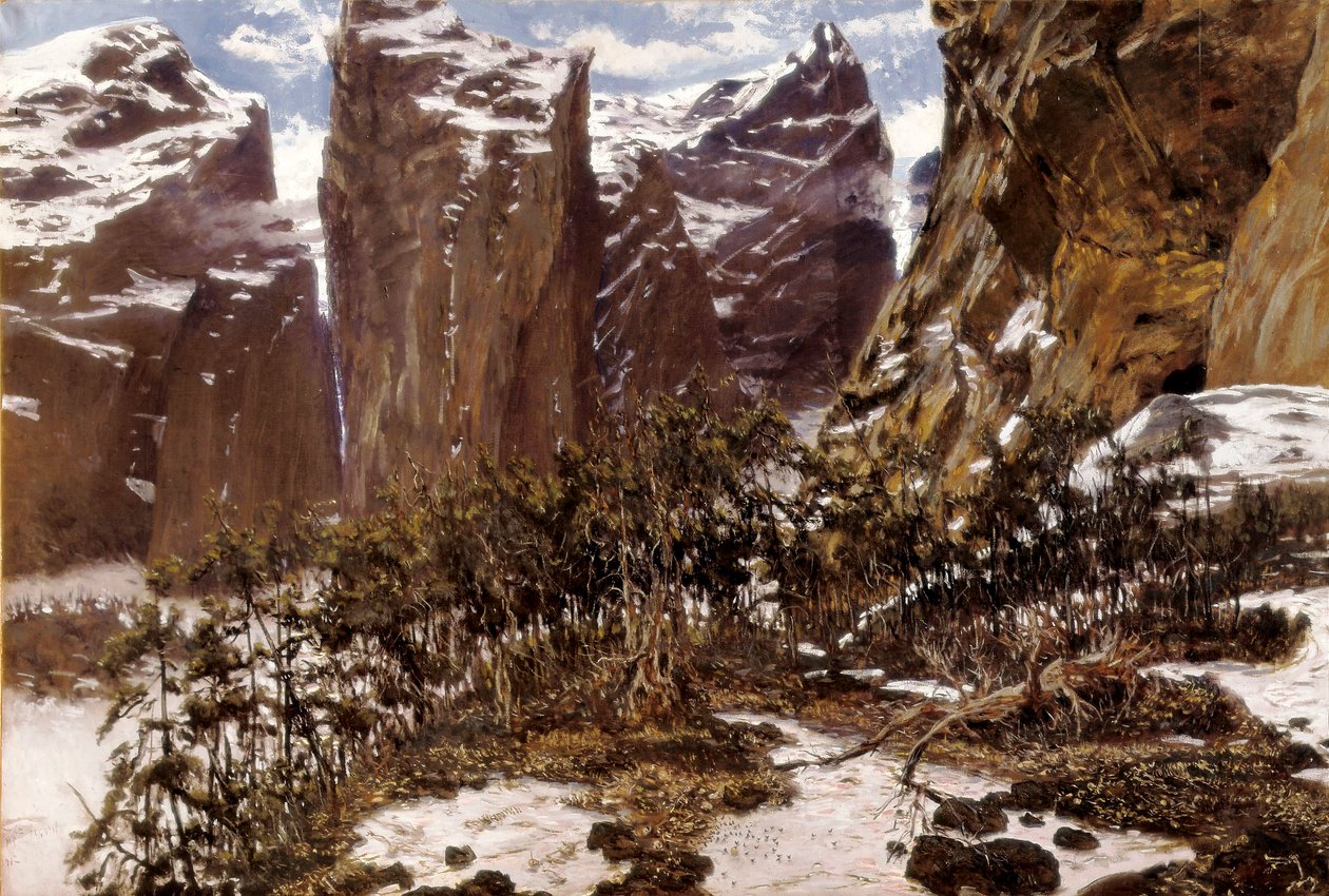 Roncesvalles（或西班牙语中的 Roncesvalles）。 西班牙北部的风景。 Antoni MUNOZ i DEGRAIN (1841-1924) 的画作，19 世纪末。 布面油画。 西班牙，瓦伦西亚，Museo de Bellas Artes San Pio V。 作者 安东尼奥·穆尼奥斯·德格莱恩