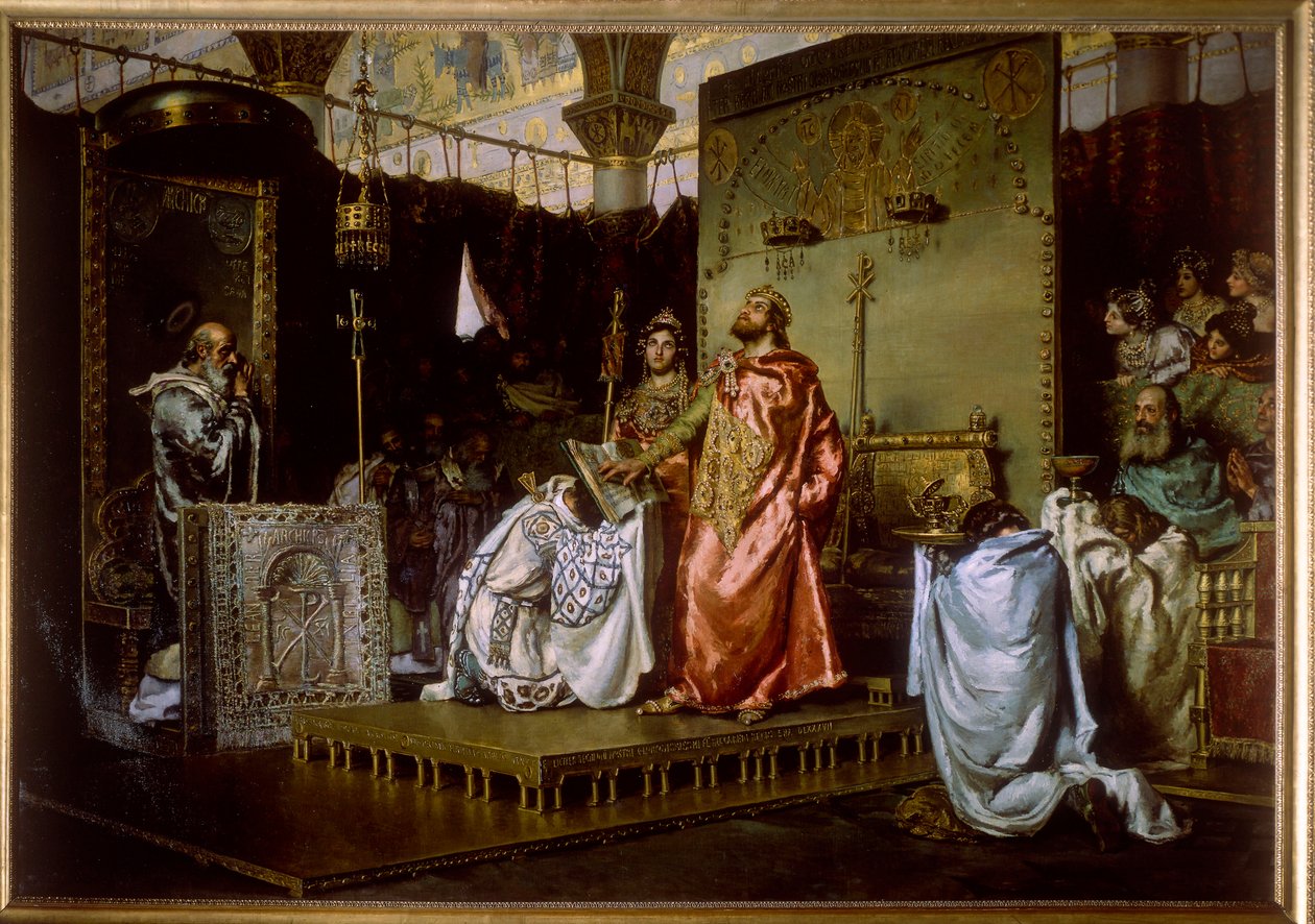 Troisieme concile de Tolede (589) - conversion de Recarede Ier (559-601) au catholocisme - Reccared to Catholicism at the Council III of Toledo, 589 - Peinture de Munoz Degrain, Antonio (1840-1924) 作者 安东尼奥·穆尼奥斯·德格莱恩