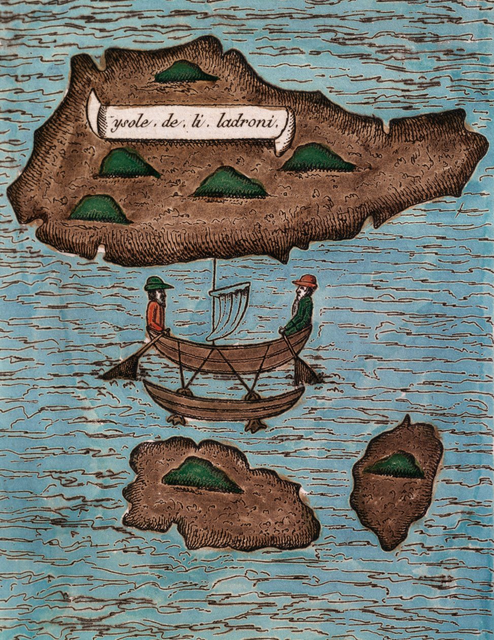Islas de los Ladrones（今马里亚纳群岛），彩色木刻，摘自与费迪南德·麦哲伦首次环球航行的报告 作者 安东尼奥·皮塔菲塔（Antonio Pigafetta）