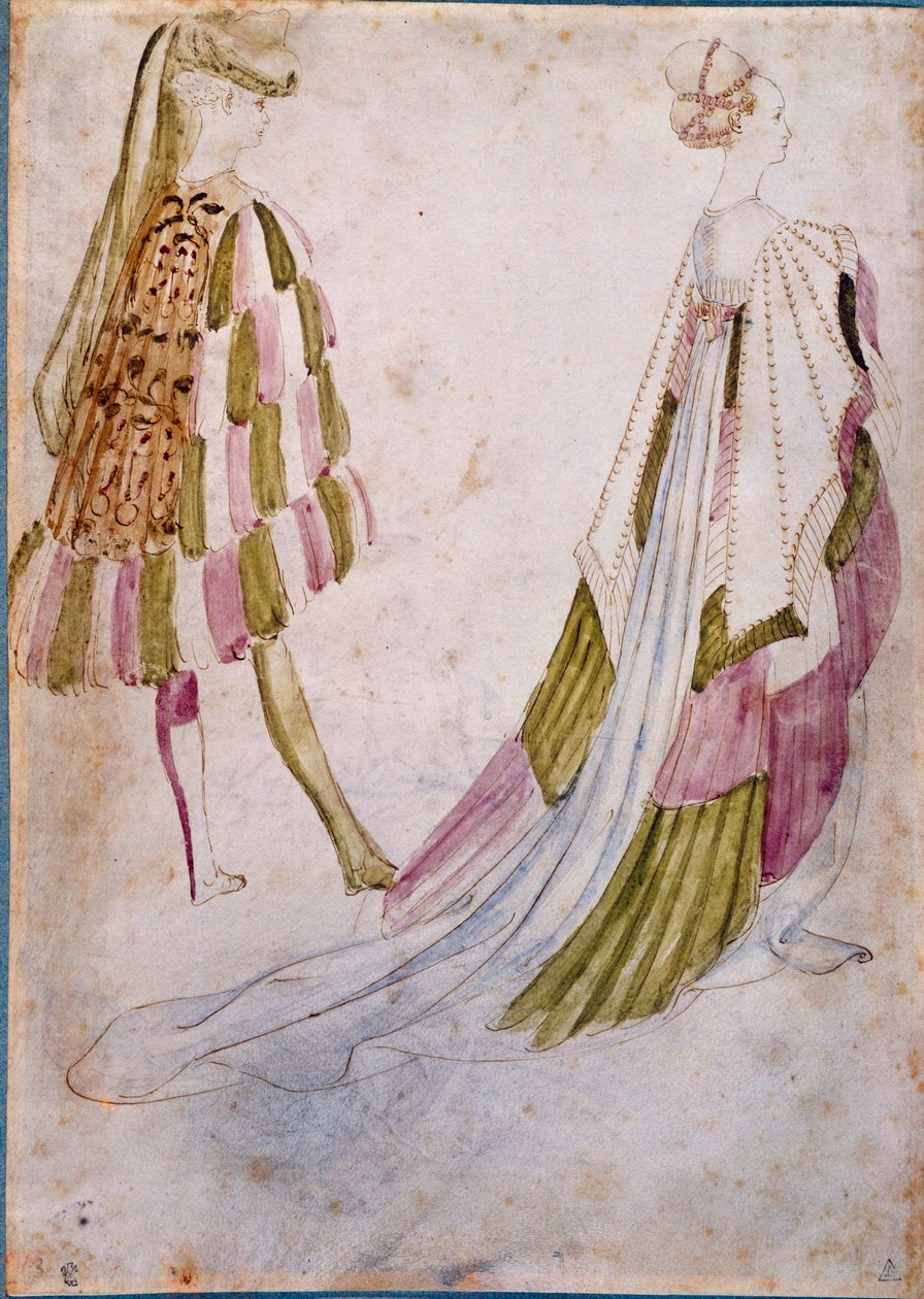 一男一女身着宫廷服装水彩、羽毛和水洗 by Antonio di Puccio Pisano dit Pisanello（1395-1455 之前）1450 年太阳。 0,27x0,19 m 尚蒂伊，孔德博物馆 作者 安东尼奥·皮萨内洛