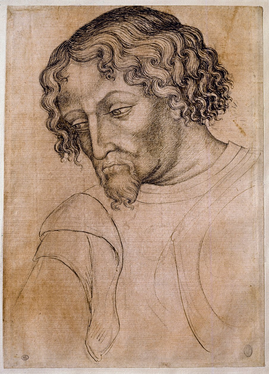 留着胡子的半身像，四分之三的头向左倾斜。 Antonio di Puccio Pisano dit Pisanello (1395-1455) 工作室的绘图。 羽毛（图画），血。 尺寸：28x20cm。 卢浮宫，绘图公司 作者 安东尼奥·皮萨内洛