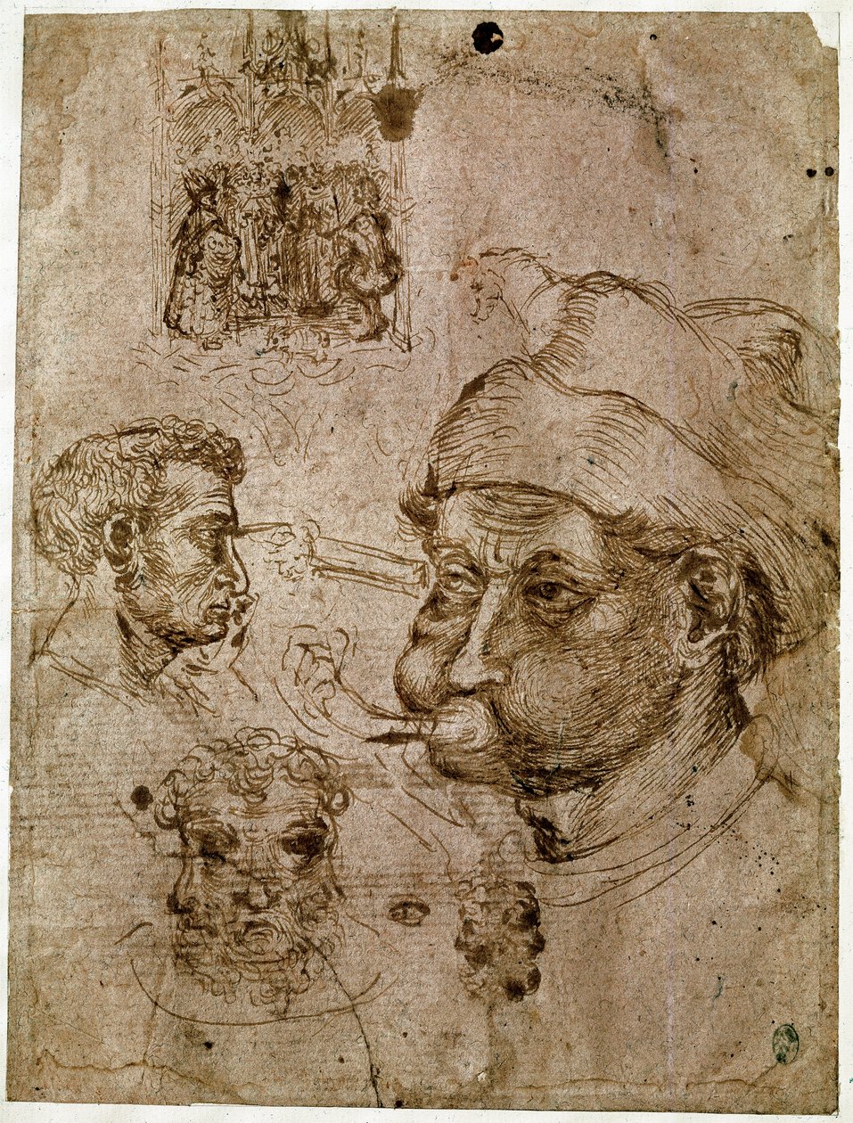 四个男人的脑袋，其中两个有三张脸。 祭坛画。 一匹马。 Antonio di Puccio Pisano dit Pisanello（1395-1455）工作室的图纸。 棕色墨水，钢笔（绘图），血液。 昏暗：27,1x20,5cm。 卢浮宫，奖章内阁。 作者 安东尼奥·皮萨内洛