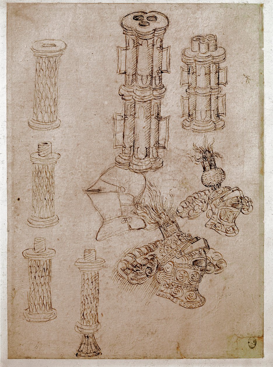三顶头盔和两支枪被拆除。 Antonio di Puccio Pisano dit Pisanello (1395-1455) 的画作 棕色墨水、黑色石头、羽毛。 暗：28,7x20,6cm。 卢浮宫，绘图公司 作者 安东尼奥·皮萨内洛