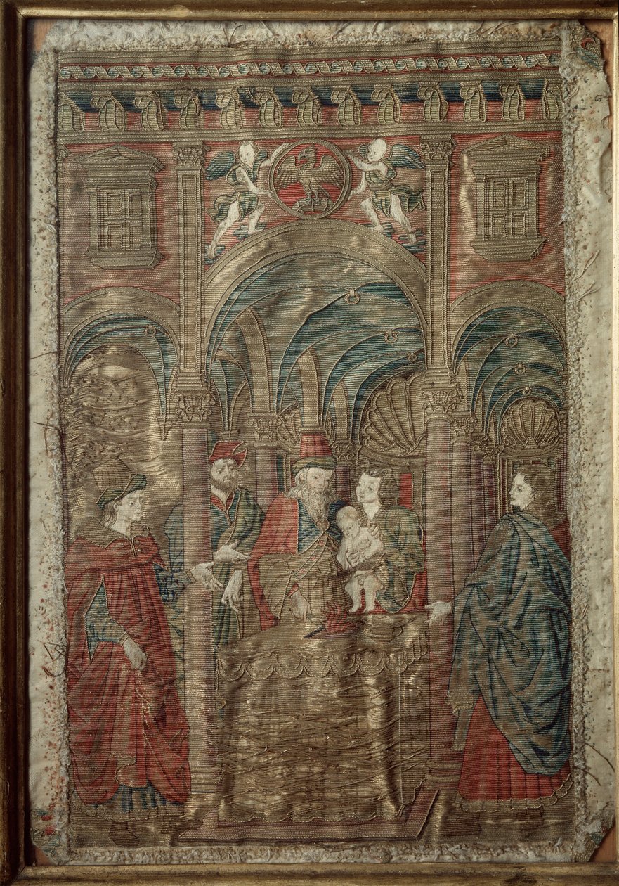 施洗者圣约翰的割礼（施洗者圣约翰的割礼）Antonio Pollaiolo（Benci 或 Pollaiuolo）（约 1431-1498）1466-1480 Gabinetto Disegni e Stampe, Uffizi 绘制的丝绸和黄金壁板刺绣 作者 安东尼奥·波莱尤洛