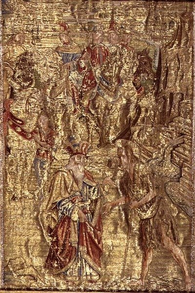 施洗者圣约翰与大祭司的会面，描绘圣人生活场景的挂毯（纺织）。 作者 安东尼奥·波莱尤洛