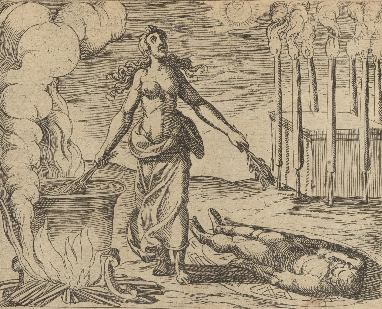 美狄亚恢复艾森的青春 Aesoni decerptio iuventam restituit Medea，...，1606年后出版。 作者 安东尼奥·坦佩斯塔