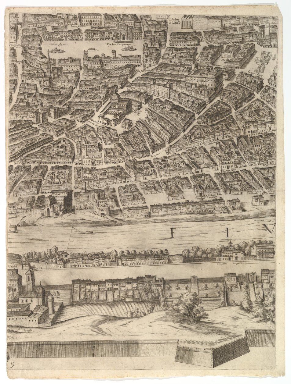 罗马市规划：第9页，纳沃纳广场，菲奥雷广场和圣安德烈教堂，1645年。 作者 安东尼奥·坦佩斯塔
