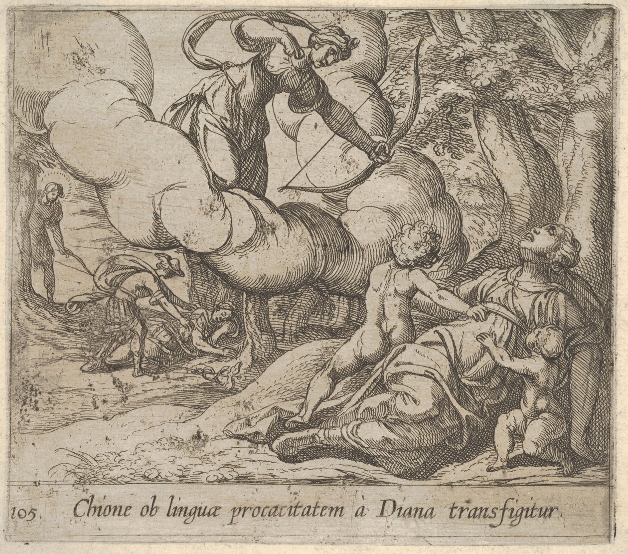 图105：戴安娜（Diana）将弓对准两个孩子陪伴的基昂（Chione），1606年，不是。 作者 安东尼奥·坦佩斯塔