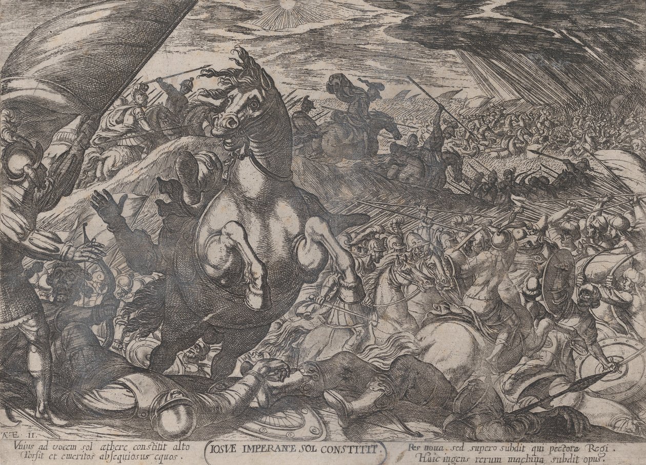 图版11：约书亚命令太阳静止，选自 "The Battles of the Ol..."，约1590-约1610。 作者 安东尼奥·坦佩斯塔