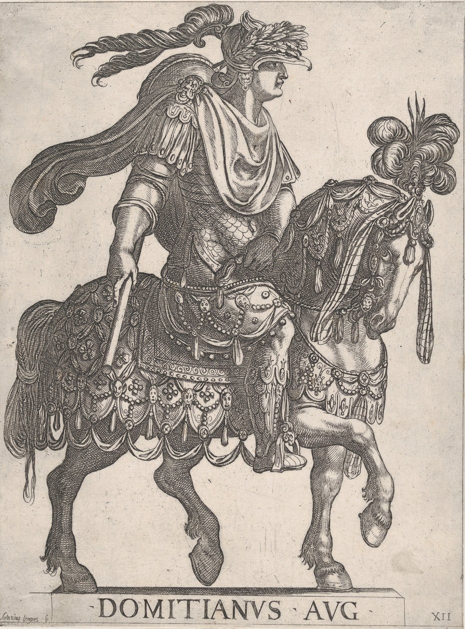 图版12：多米蒂安皇帝在马背上，面向右边，来自 "前十二位皇帝......，1575-1630。 作者 安东尼奥·坦佩斯塔