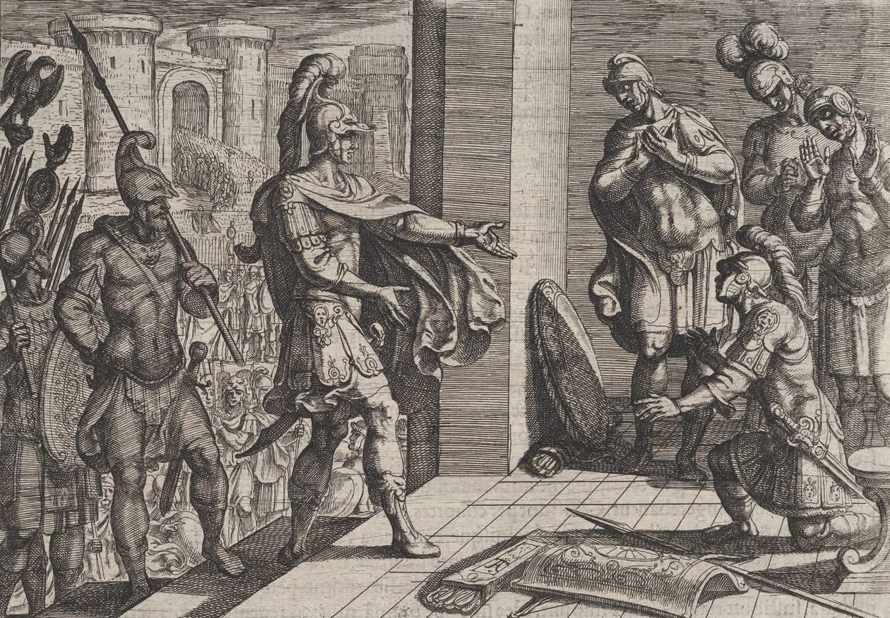 图版26：Cerialis赦免和解除帮助Civilis的罗马士兵，来自《Wa...》，1611年。 作者 安东尼奥·坦佩斯塔