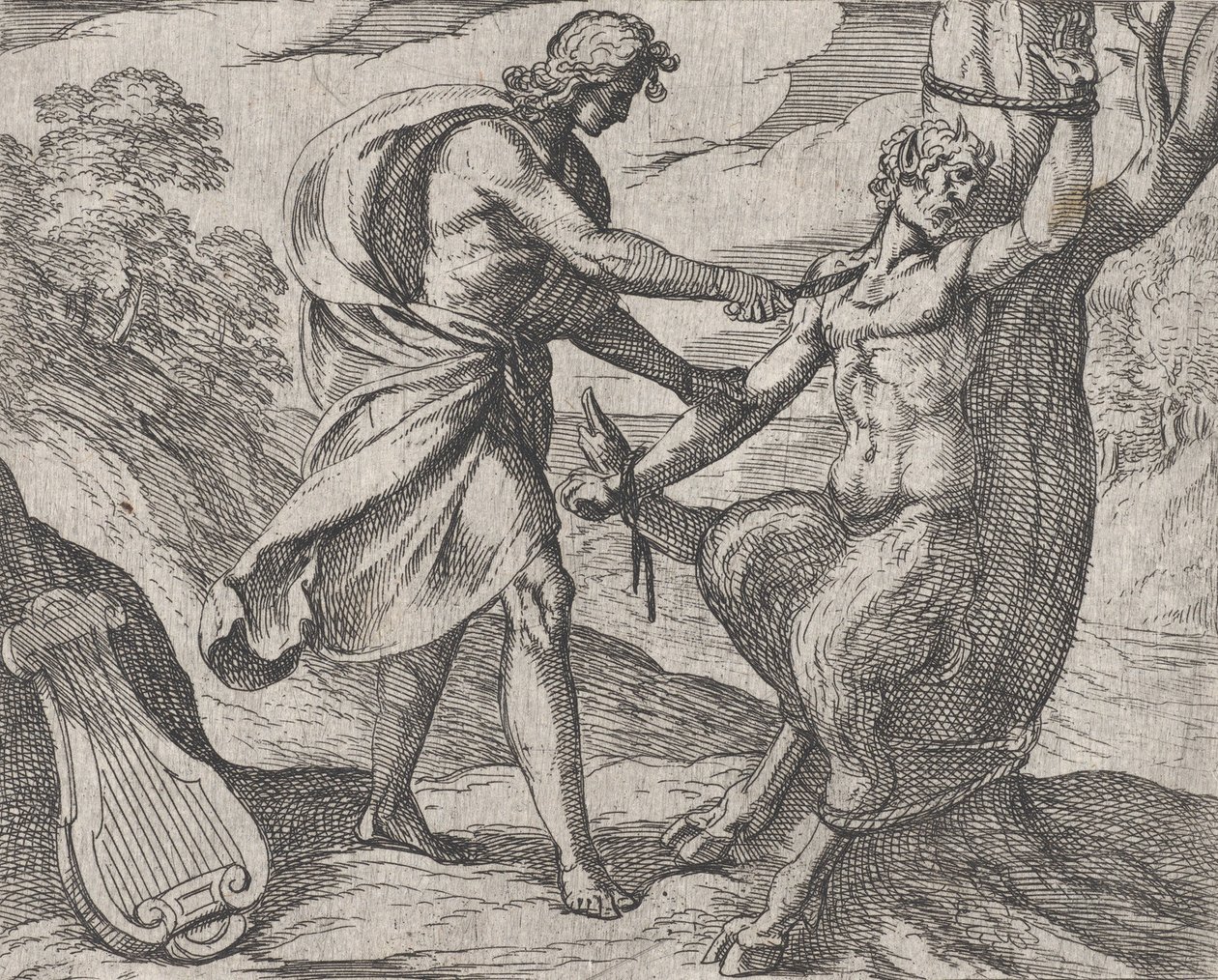 图版58：阿波罗杀死马西亚斯 Marsyas victus ab Apolline excoriatur，出自奥维德的《Met...》，1606年。 作者 安东尼奥·坦佩斯塔