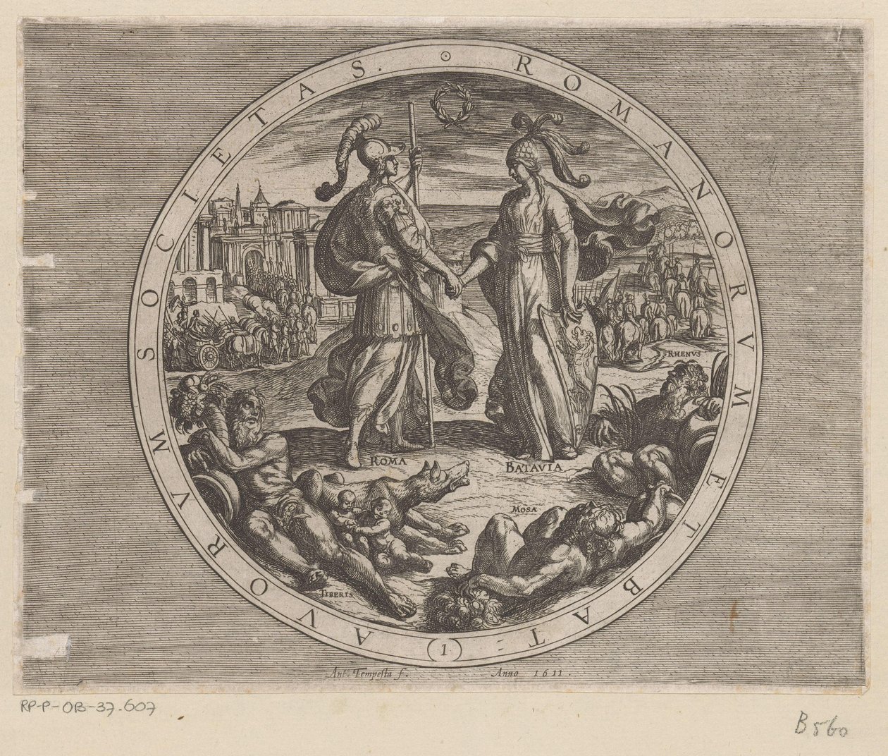 罗马和巴达维亚握手
Romanorum et Batavorum societas（物品上的标题）
巴达维亚人对罗马人的战争（系列标题）
Batavorum cum Romanis Bellum（系列标题） 作者 安东尼奥·坦佩斯塔