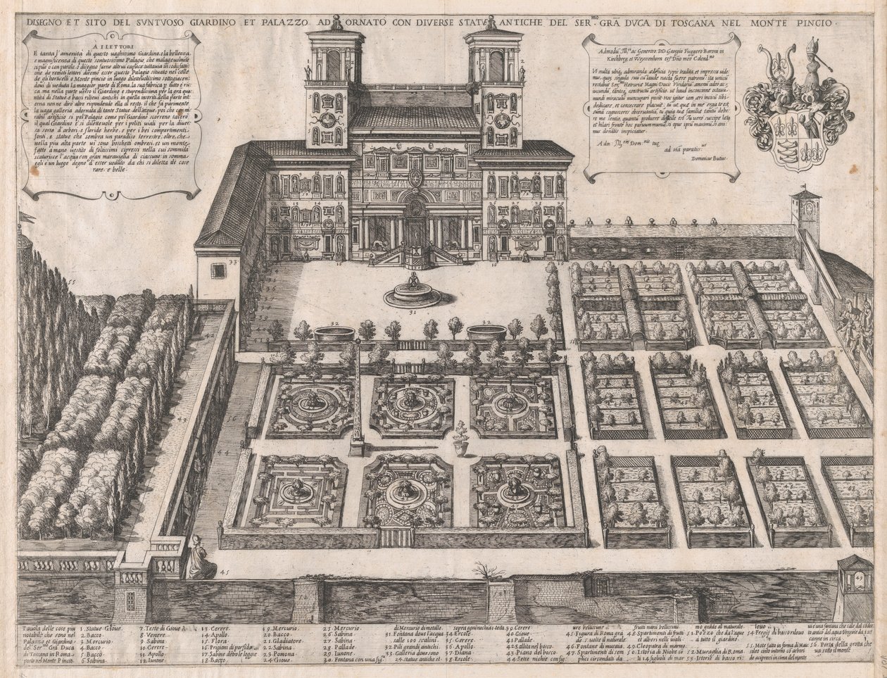 罗马的辉煌》（Speculum Romanae Magnificentiae）：蒙特平西奥宫殿和花园，中......，16世纪中叶至晚期。 作者 安东尼奥·坦佩斯塔