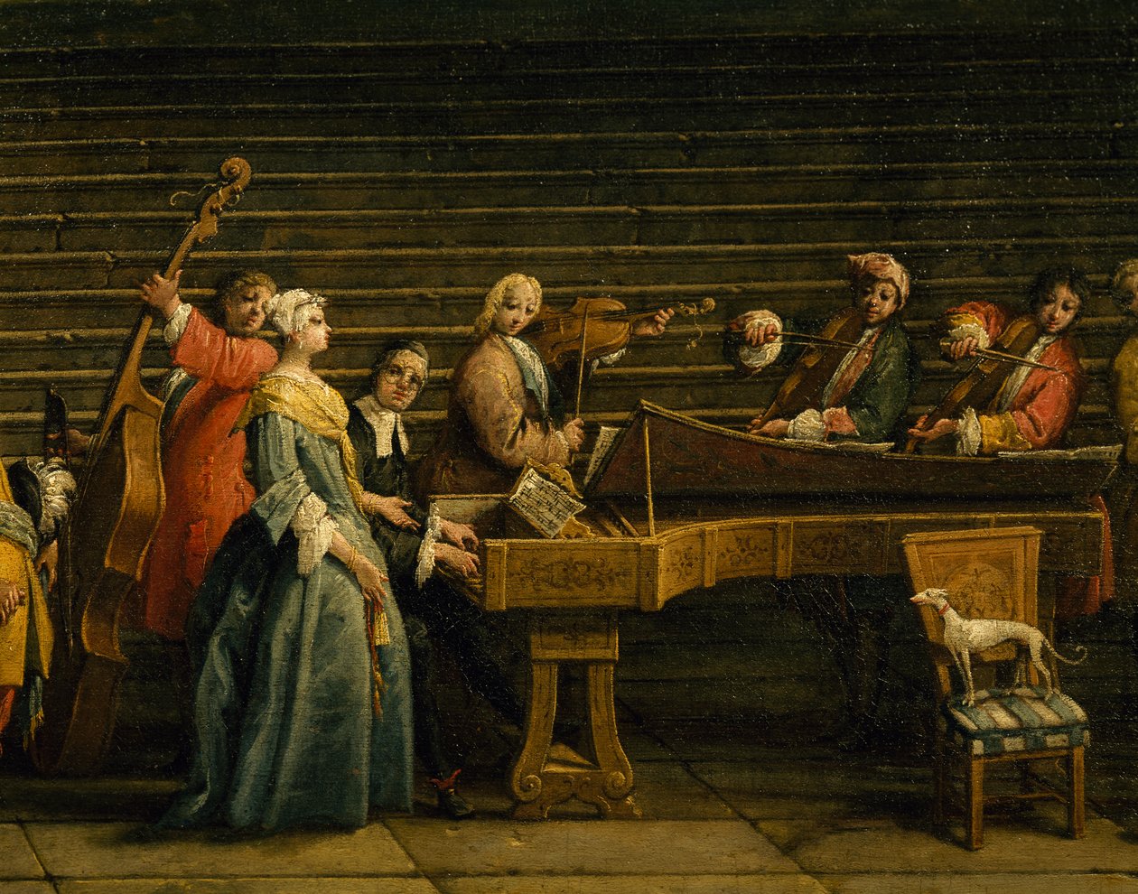别墅音乐会，安东尼奥·维森蒂尼 (1688-1782)，钢琴和小提琴，布面油画，207x320，意大利 作者 安东尼奥·维森蒂尼