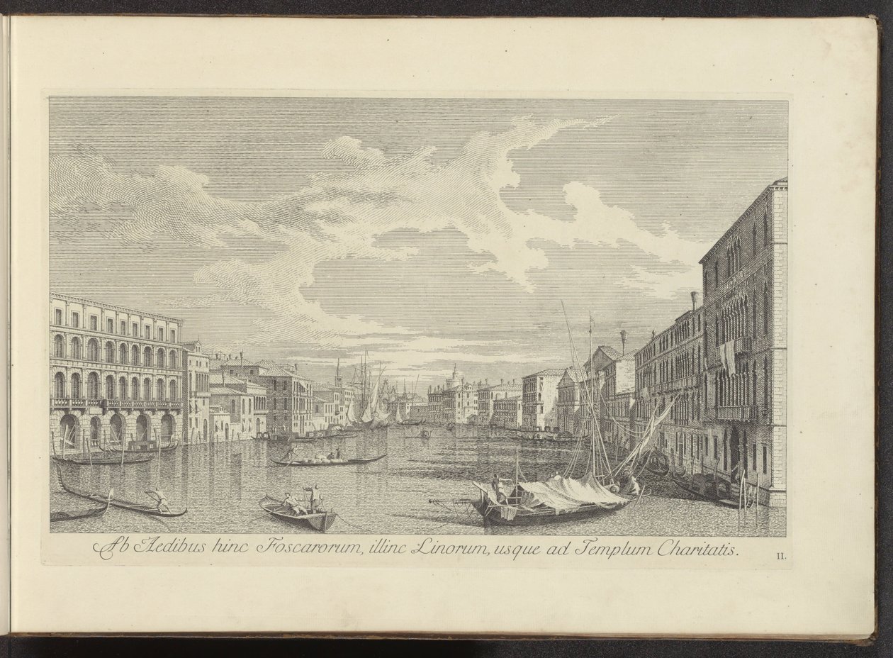Gezicht op het Canal Grande te Venetië
Ab aedibus hinc Foscarorum, illinc Linorum, usque ad Templum Charitas（物上标题）
Urbis Venetiarum prospectus celebriores, ex Antonii Canal tabulis XXXVIII aere expressi ab Antonio Vissentini in partes tres di 作者 安东尼奥·维森蒂尼