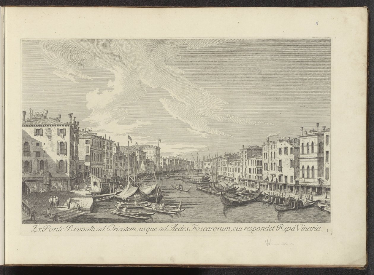 Gezicht vanaf de Rialtobrug op het Canal Grande te Venetië
Ex Ponte Rivoalti ad Orientem, usque ad Aedes Foscarorum, cui respondet Ripa Vinaria (物上标题)
Urbis Venetiarum prospectus celebriores, ex Antonii Canal tabulis XXXVIII aere expressi ab A 作者 安东尼奥·维森蒂尼
