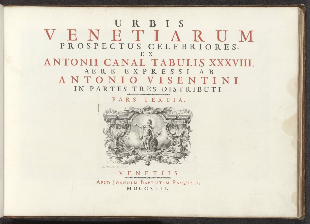 标题版画展示了一个裸体女性形象，手持盾牌、头盔和书籍
Urbis Venetiarum prospectus celebriores, ex Antonii Canal tabulis XXXVIII aere expressi ab Antonio Vissentini in partes tres distributi. 作者 安东尼奥·维森蒂尼