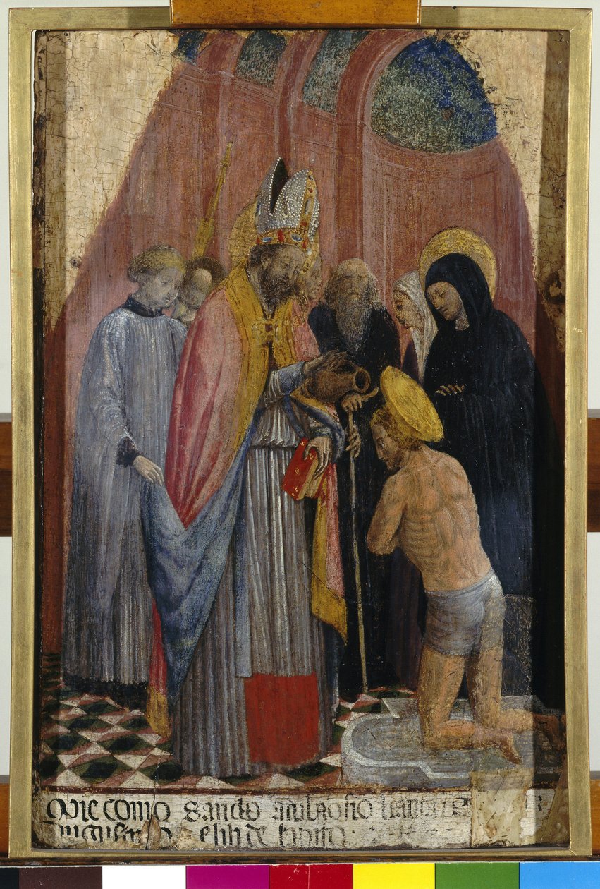 圣安布罗斯为圣奥古斯丁施洗，约 1441 年（蛋彩画板） 作者 安东尼奥·维瓦里尼（Antonio Vivarini）