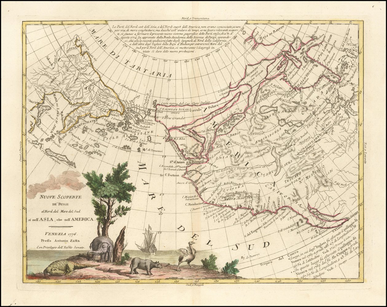 1776 年地图 - 俄罗斯人在亚洲和美洲南海以北的新发现 作者 安东尼奥·扎塔（Antonio Zatta）