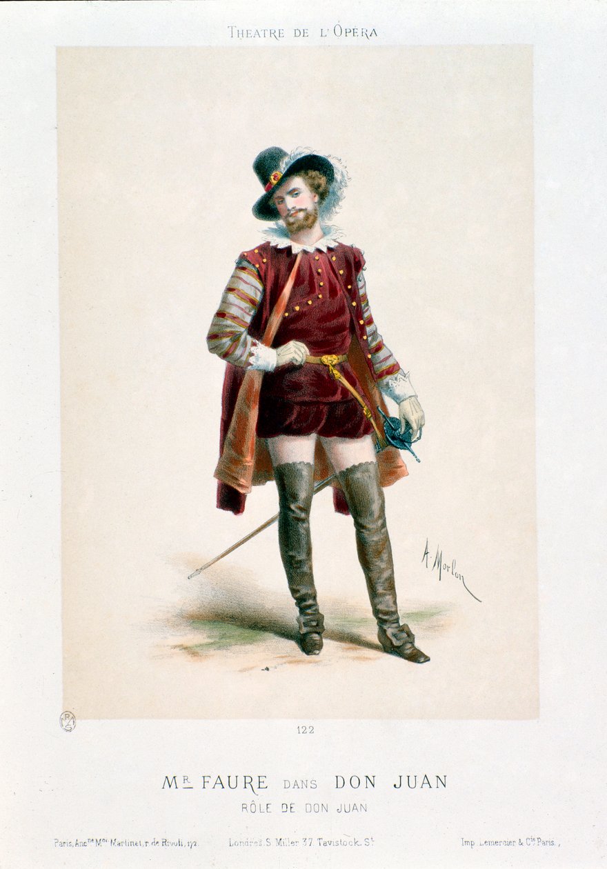 歌手让-巴蒂斯特 (Jean Baptiste) 福雷 (1830-1914) 在巴黎歌剧院演出期间表演沃尔夫冈·阿玛德乌斯·莫扎特 (Wolfgang Amadeus Mozart) (1756-1791) 的同名歌剧唐璜 (Don Giovanni)。 安东尼·莫伦 (Antony Morlon) 的石版画 (1834-1914) 科尔 作者 安东尼·保罗·埃米尔·莫隆