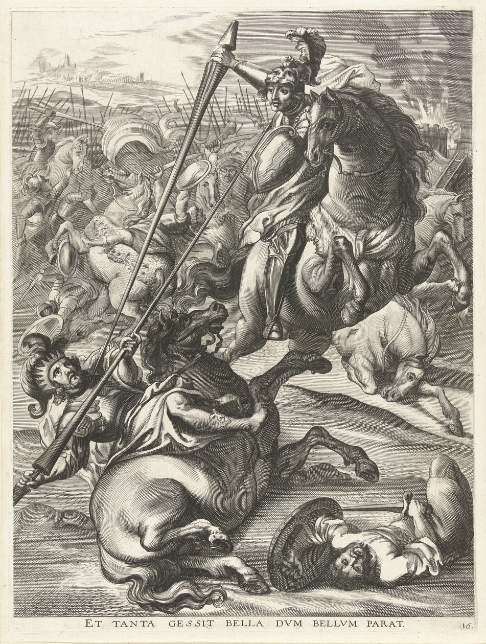 阿喀琉斯击败忒勒福斯；1635 年斐迪南进入根特
Et tanta gessit bella dvm bellvm parat（物品上的标题） 作者 安东尼范德杜斯
