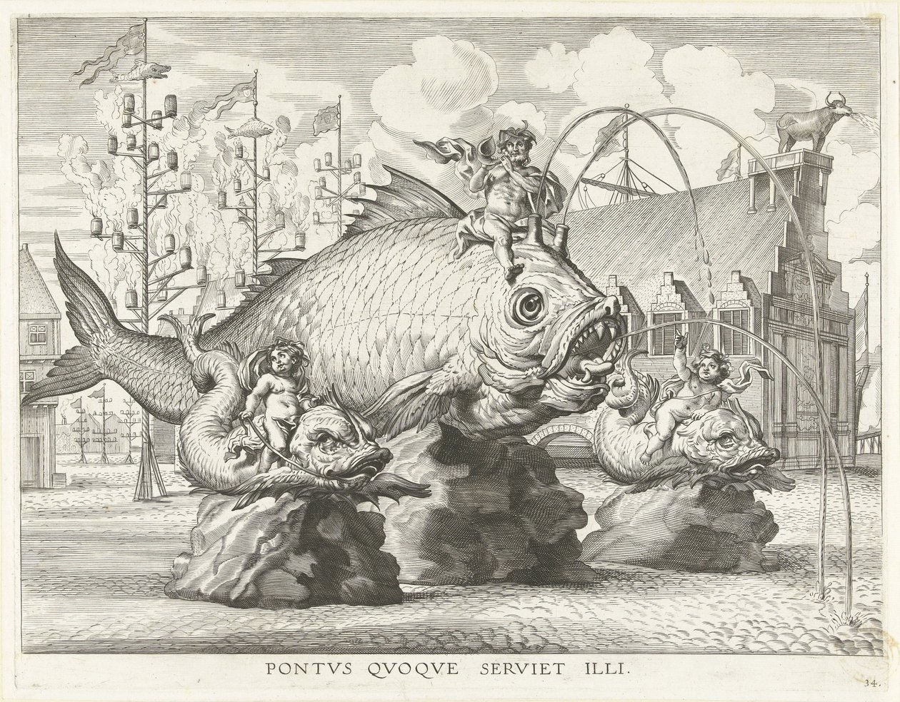 特莱顿骑在巨鱼上的奇观；1635 年斐迪南进入根特
Pontvs Qvoqve serviet illi（物品上的标题） 作者 安东尼范德杜斯