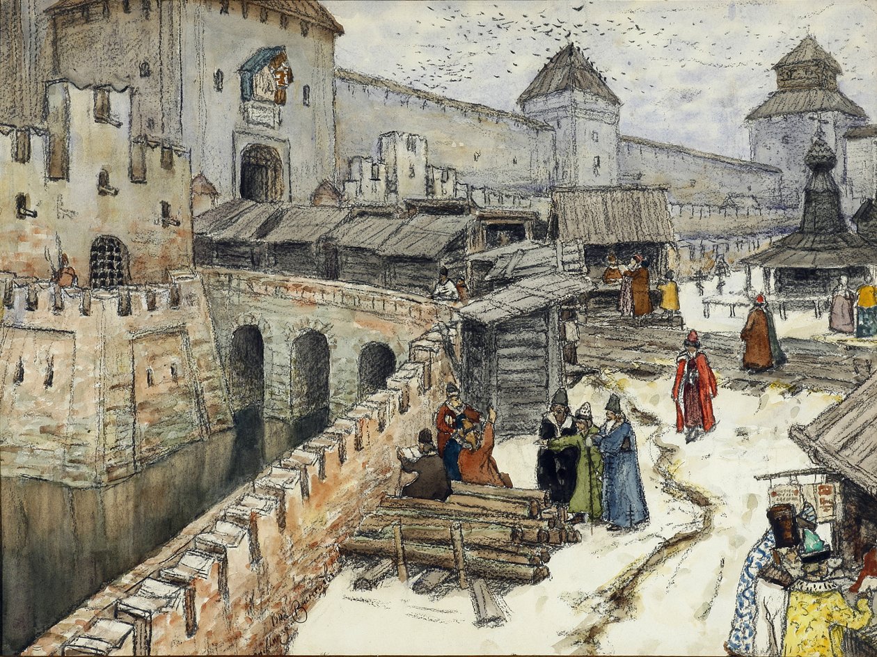 17世纪的莫斯科。基督救世主桥上的书店，1902年 作者 阿波利纳里（Apollinari Mikhailovich Vasnetsov）