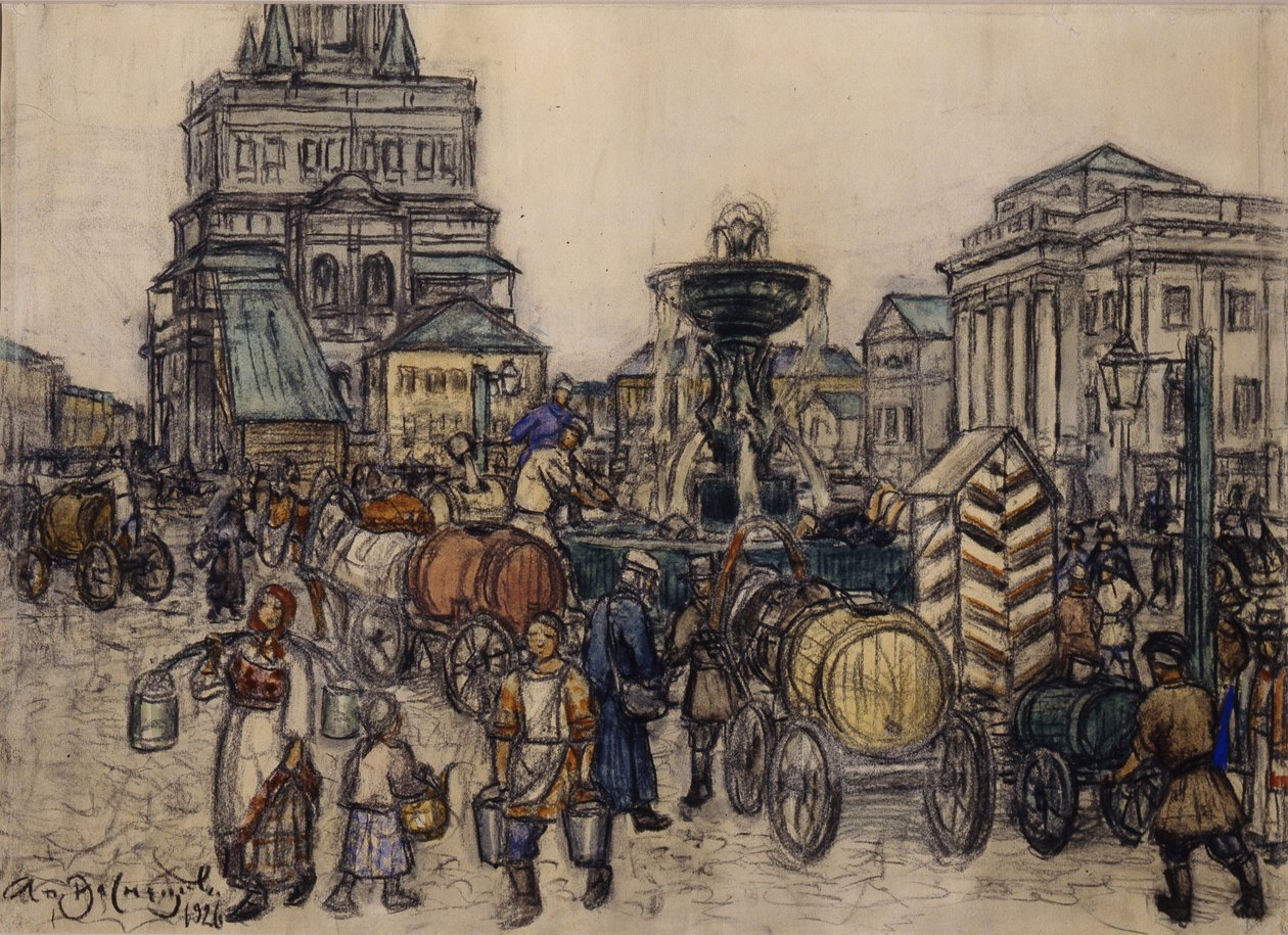 19世纪1921年在Sukharevskaya广场上的喷泉 作者 阿波利纳里（Apollinari Mikhailovich Vasnetsov）
