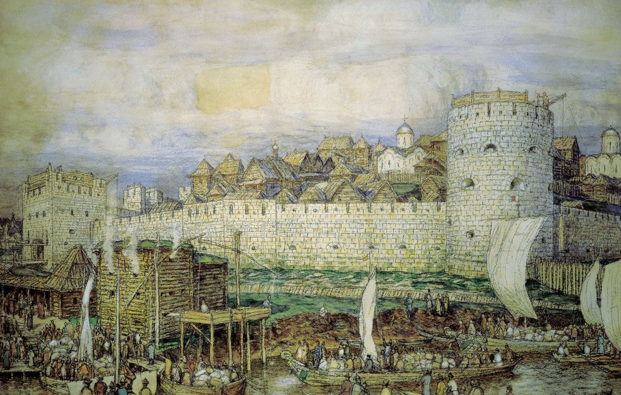 。 XIV Dmitry Donskoy的白石克里姆林宫的可能视图。 14世纪末 作者 阿波利纳里（Apollinari Mikhailovich Vasnetsov）