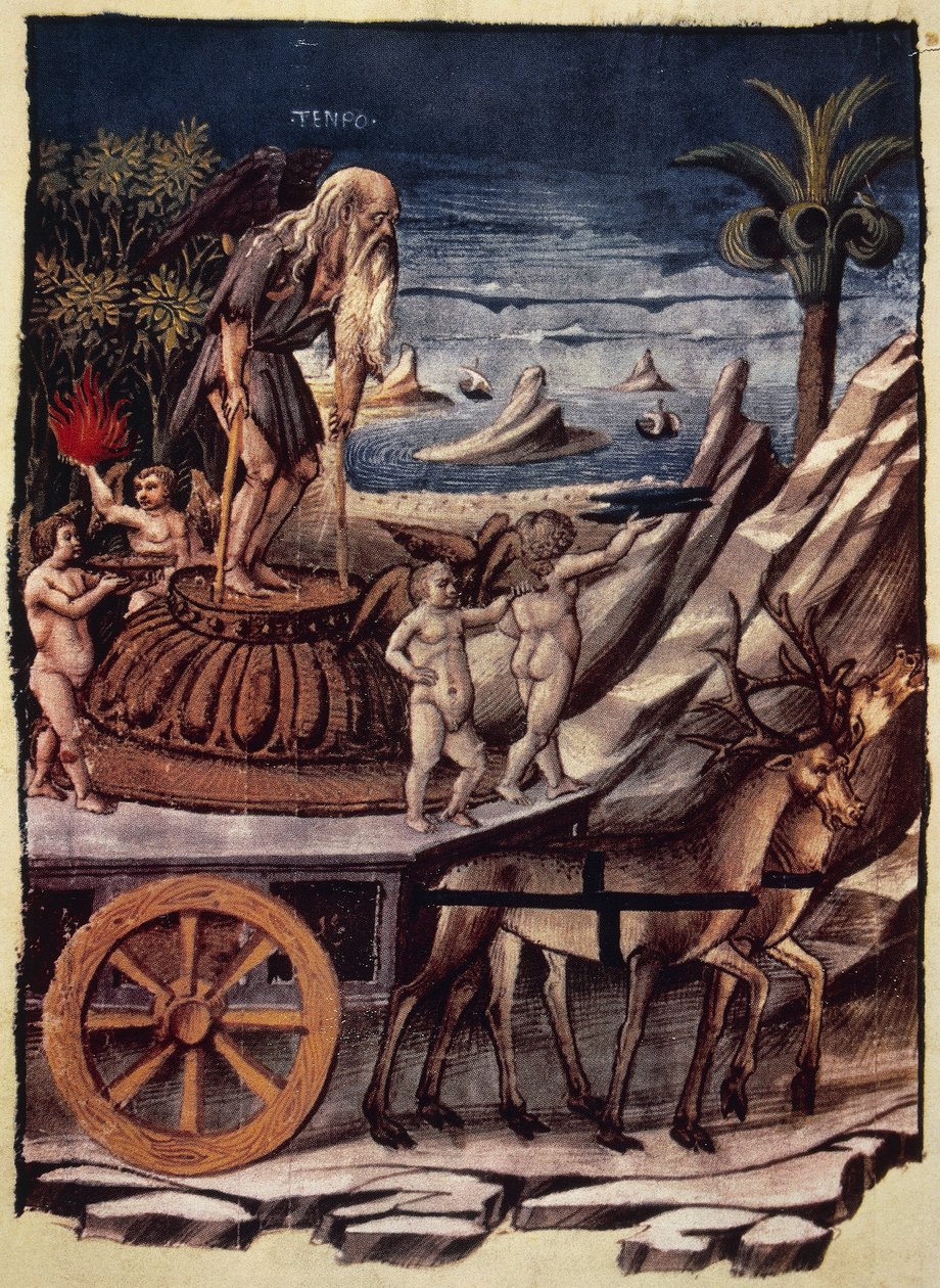 时间的胜利，鹿拉着时间的战车，Apollonio di Giovanni（1415或1417-约1465）的微型画，出自《胜利》，Francesco Petrarca（1304-1374）的寓言诗，手稿1129，对开页42，背面，意大利 作者 阿波罗尼奥·迪·乔瓦尼·迪·托马索