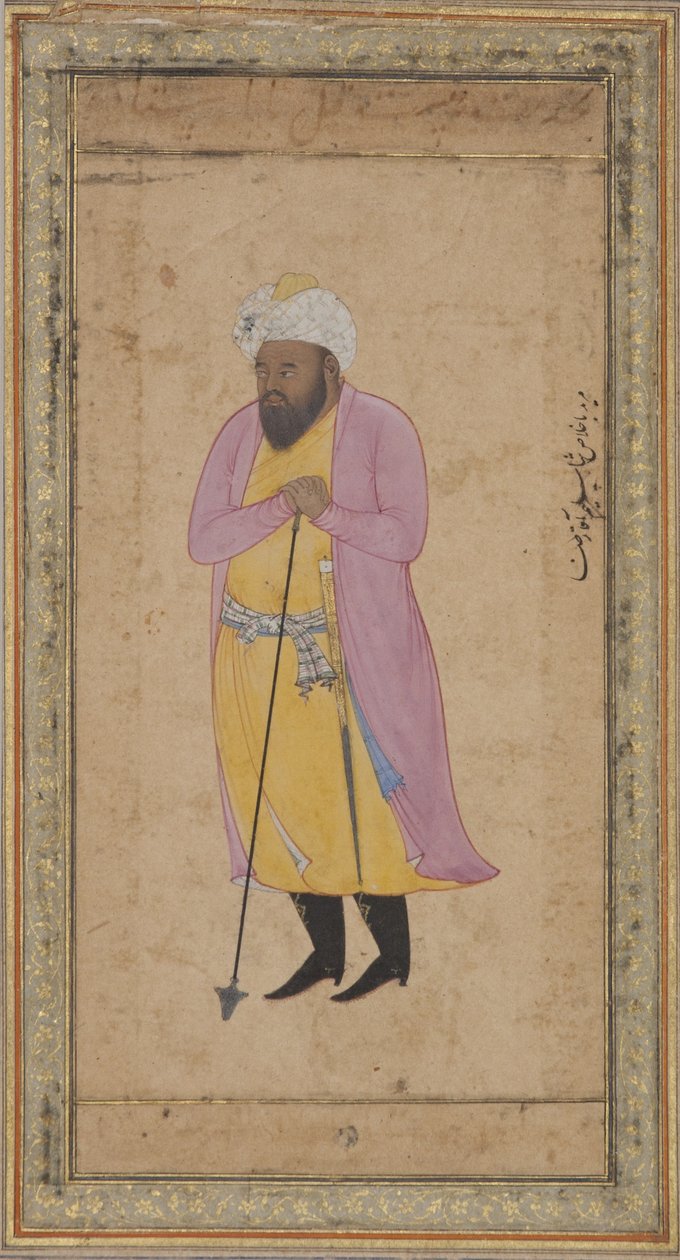 一个园丁靠在他的铲子上，c.1600（不透明的wc和黄金在纸上） 作者 阿卡里扎（Aqa Riza）