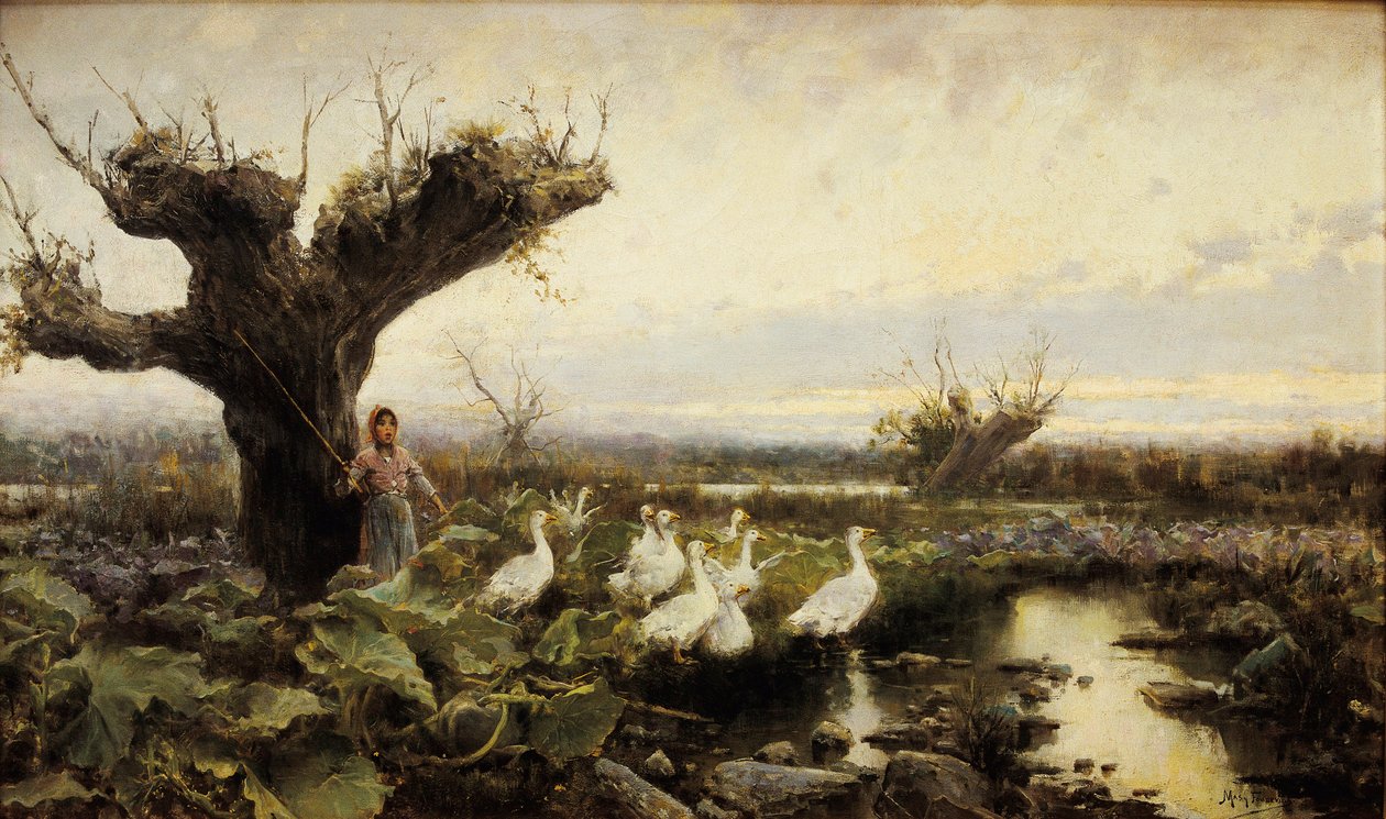The little goose keeper, painting by Arcadi Mas Fondevila, early 20th century 作者 阿卡迪·马斯·丰德维拉