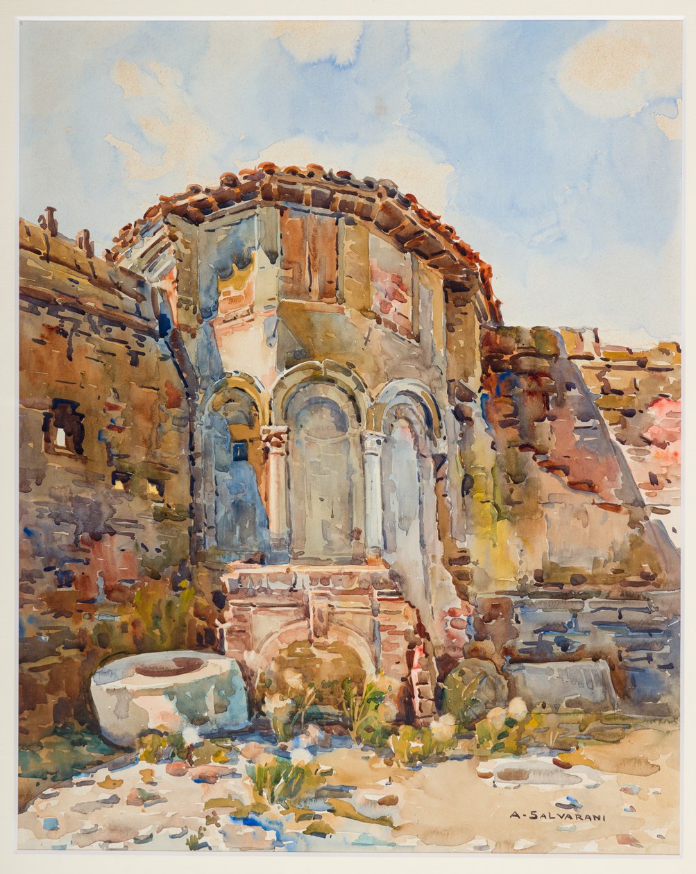 卡尔皮城堡圆形小庭院（纸面水彩画） 作者 阿尔坎吉洛·萨尔瓦拉尼