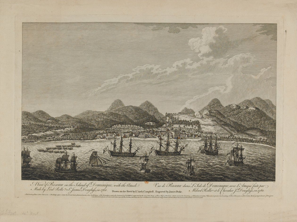多米尼克岛罗索的视图，1760年由罗洛勋爵（1703-65）和詹姆斯道格拉斯爵士（1703-87）1760攻击，由Benazech雕刻，1761年出版（另见261028） 作者 阿奇博尔德·坎贝尔
