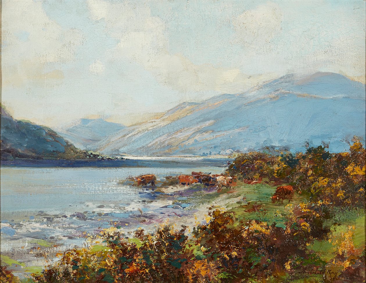 牛群饮水的高地场景（油画板） 作者 阿奇博尔德·凯