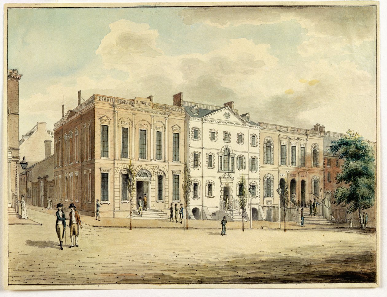 华尔街和威廉街道的东北角，纽约市，1798年（wc和墨水在纸上） 作者 阿奇博尔德·罗伯逊