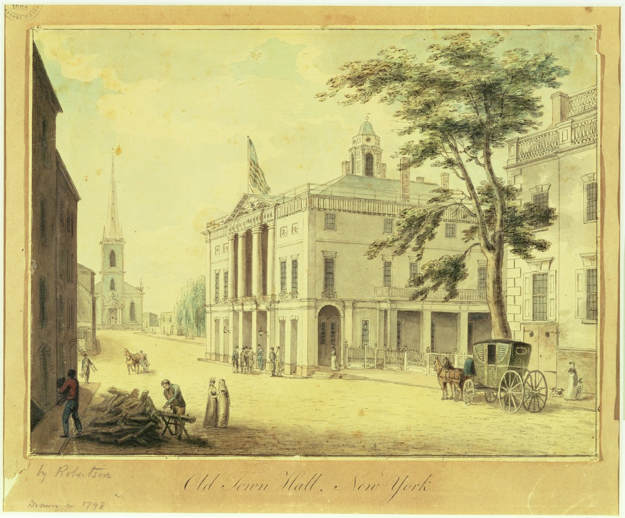 纽约市旧市政厅（联邦政府大厅），1798年（石墨，卫生纸，纸笔在纸上） 作者 阿奇博尔德·罗伯逊