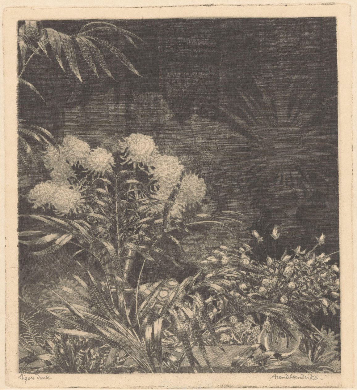 室内摆放花瓶鲜花和花盆植物 作者 Arend Hendriks（艺术家签名）