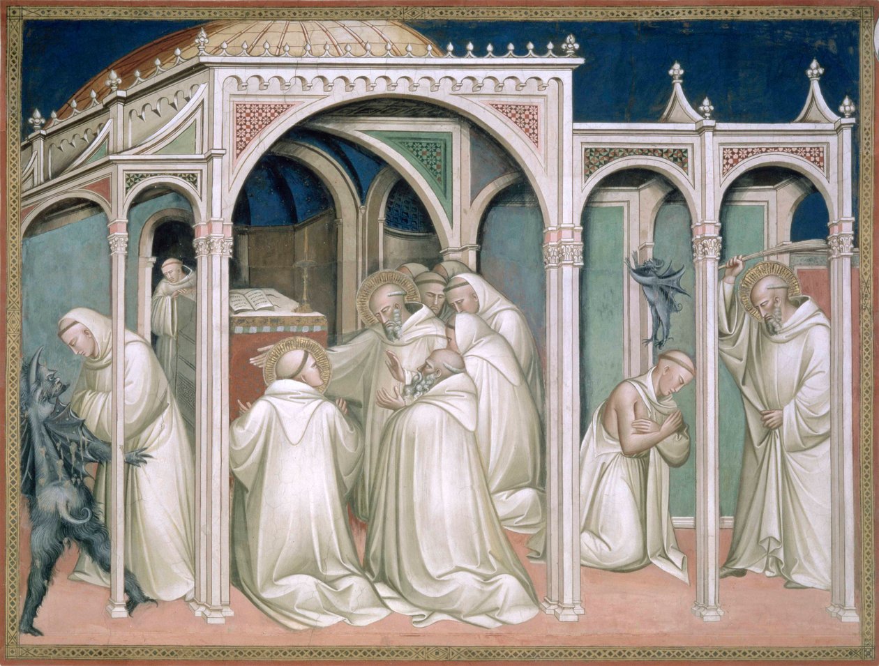 The Saint Frees a Monk Possessed，详细信息来自圣本笃生活（c.480-c.550），位于圣器堂，1387年 作者 阿雷蒂诺（Aretino）Luca Spinello或Spinelli