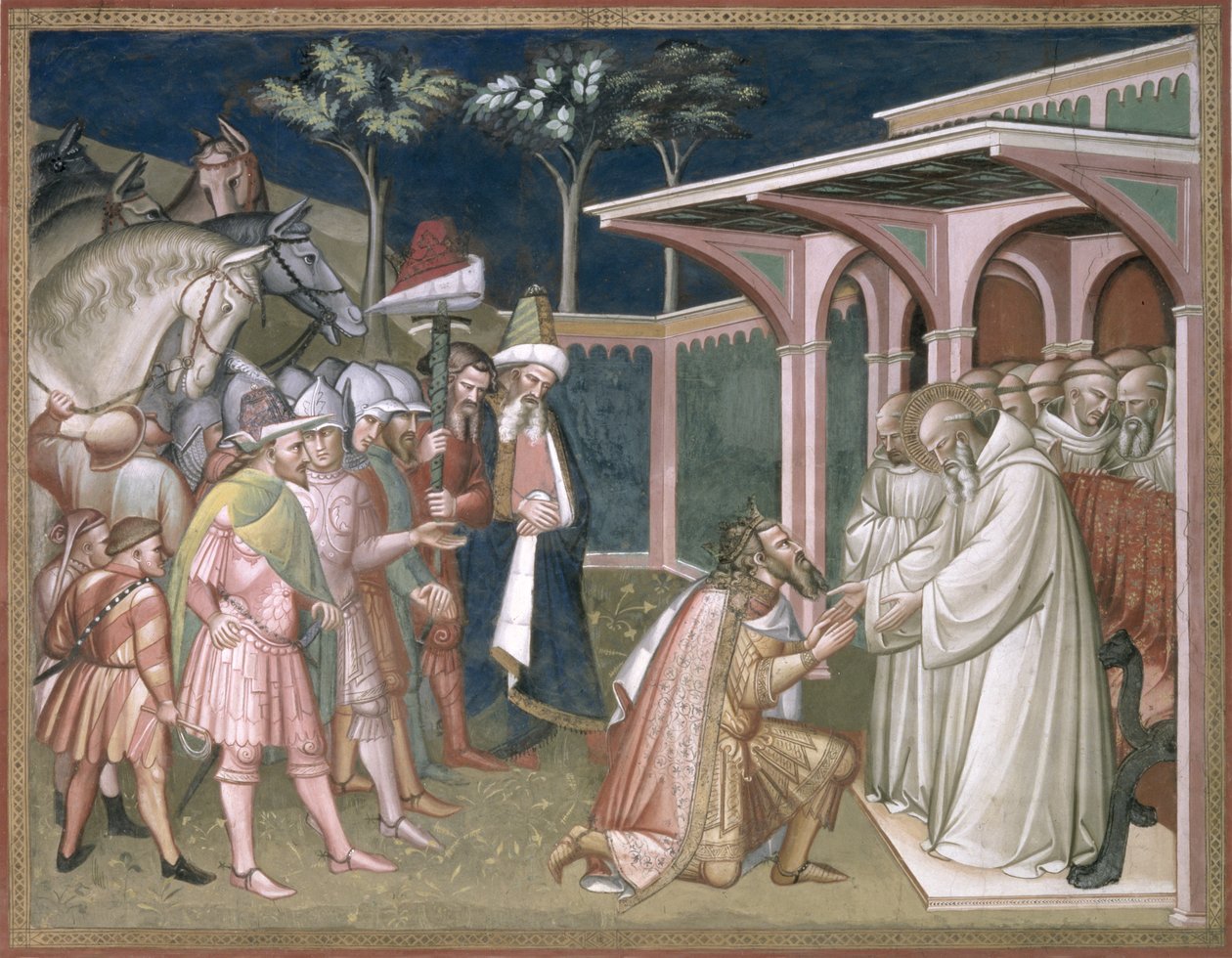 The Saint Prophesizes to the Tothila King of the Goths，详细信息来自圣本笃的生活（c.480-c550），位于圣器堂，1387年 作者 阿雷蒂诺（Aretino）Luca Spinello或Spinelli