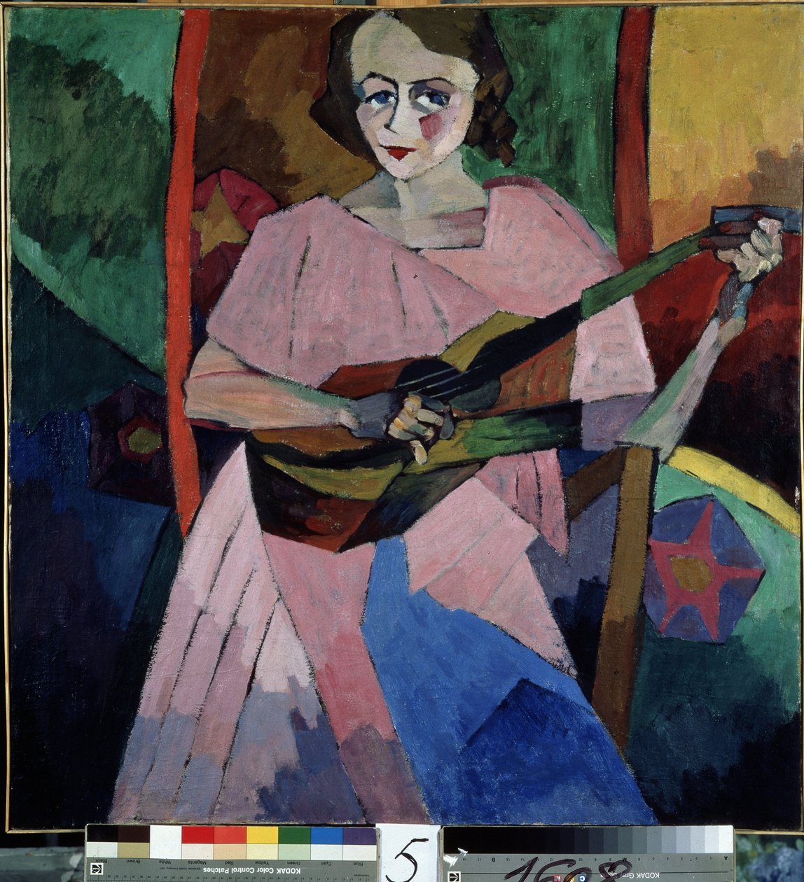 弹吉他的女人》。Aristarkh Vasilyevich Lentulov (Lentoulov) (1882-1943) 的画作，纸上水彩 作者 阿里斯塔克（Aristarkh Vasilievic Lentulov）
