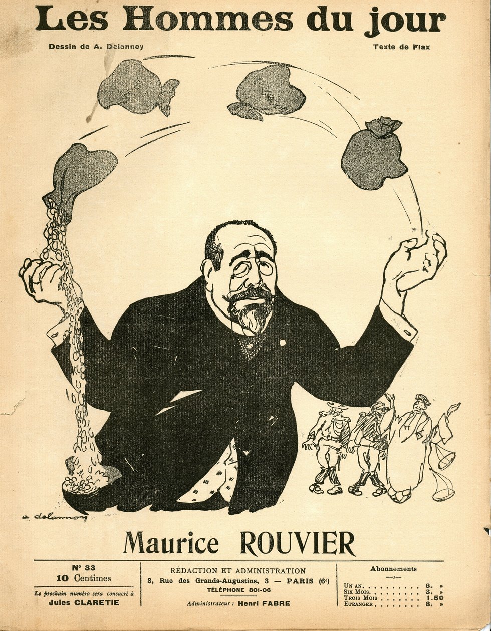 大约在1906年，"Les Hommes du jour "的封面 - Aristide Delannoy (1874-1911)的插图：银 - Rouvier Maurice (1842-1911) - 杂耍 作者 阿里斯蒂德·德拉努瓦