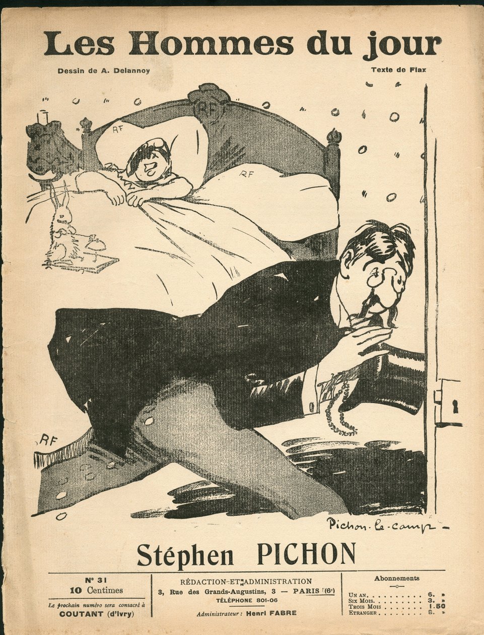 大约在1905年，"The Men of the Day "的封面--插图由阿里斯蒂德-德兰努瓦（1874-1911）创作。卧室--玛丽安，皮琼-斯蒂芬（1857-1933）。 作者 阿里斯蒂德·德拉努瓦