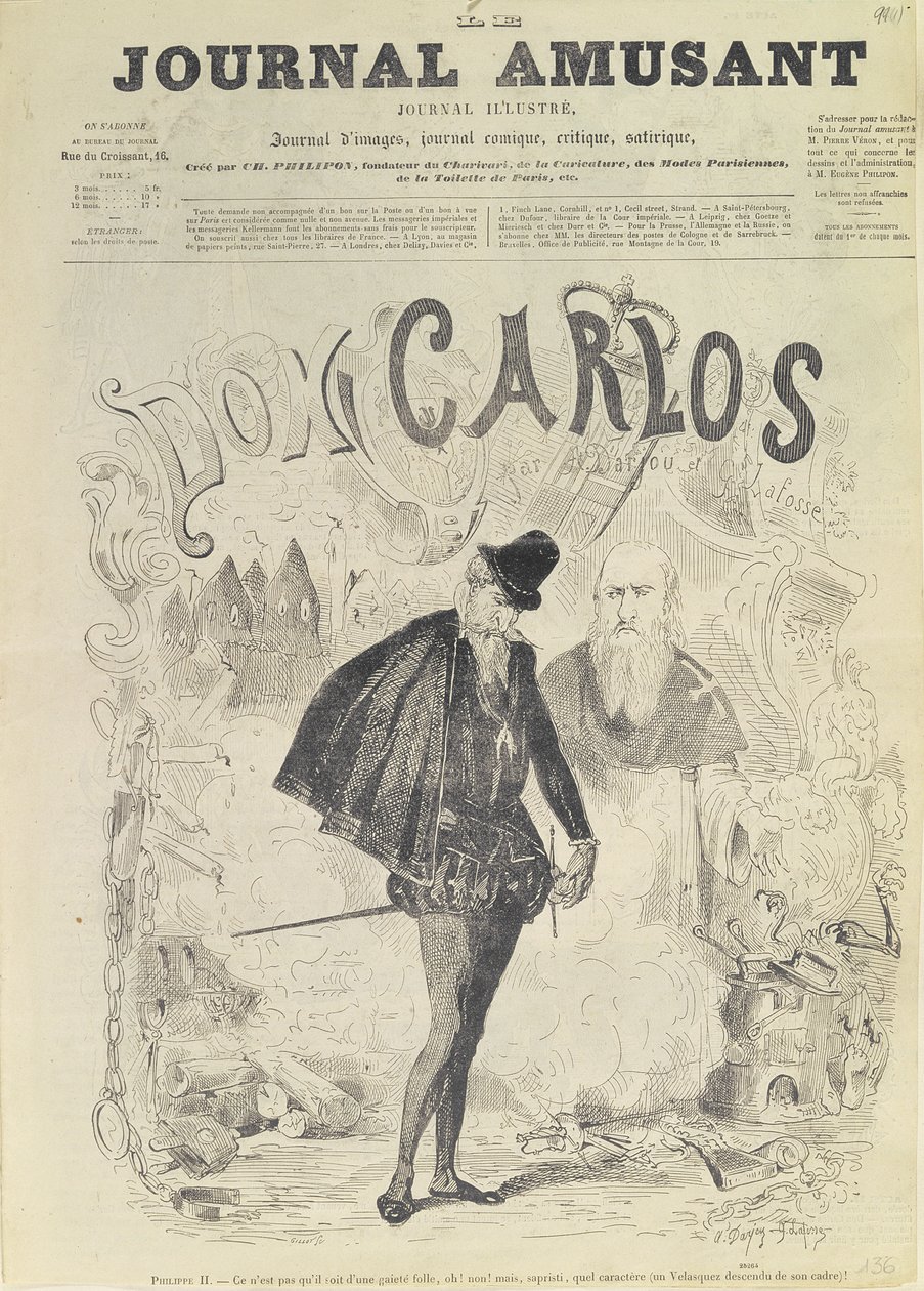 “Le Journal Amusant”的头版，由Don Carlos漫画，来自歌剧“Don Carlos”，由Giuseppe Verdi（1813-1901）创作： 作者 Arjou Henri和Lafosse，G Darfou