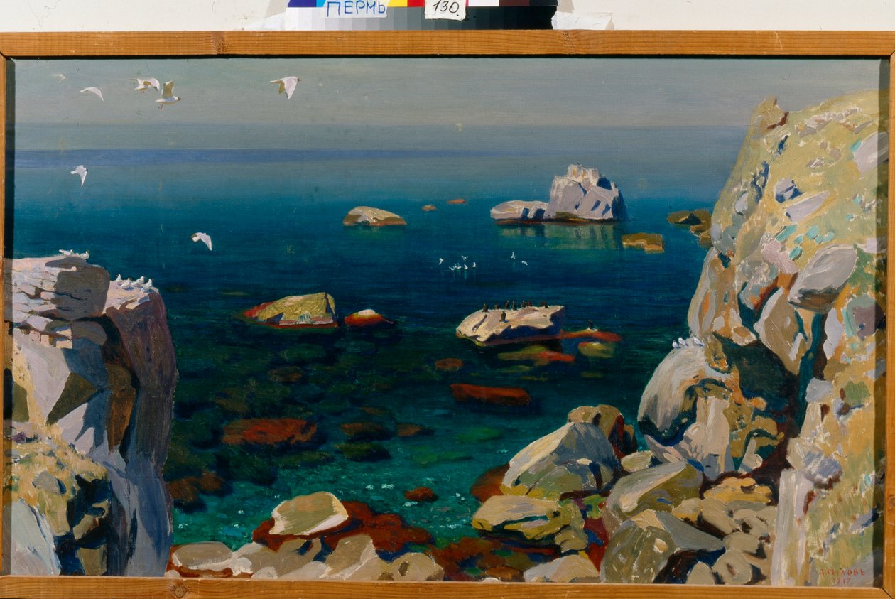 "" Calme "" (Calm) Seascape of Rock Arkadi Rylov (1870-1939) 布面油画 1917 暗淡 71.5x118 cm 国家美术馆，彼尔姆 作者 Arkadij Aleksandrovic Rylov