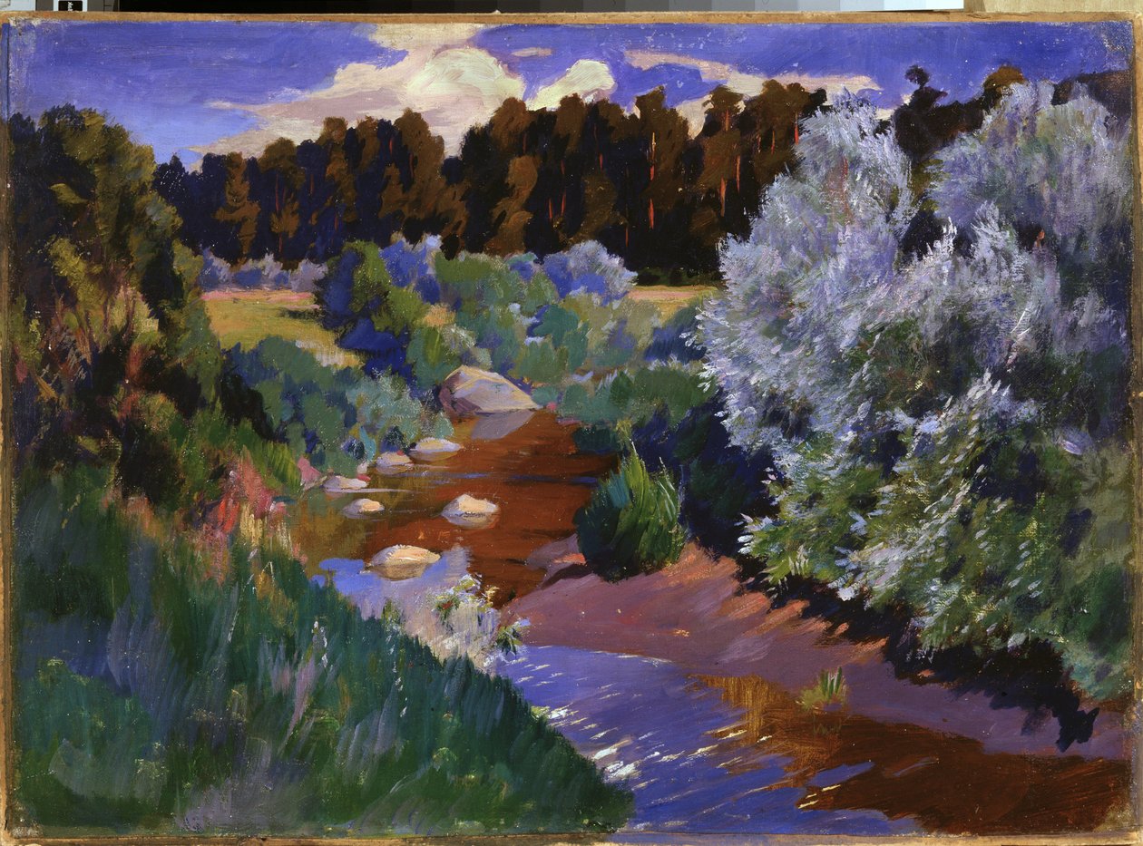有河的风景。Arkadi (Arkady) Alexandrovich Rylov（1870-1939 年）的画作，布面油画。俄罗斯艺术，19 世纪末 20 世纪初。圣彼得堡俄罗斯国家博物馆。 作者 Arkadij Aleksandrovic Rylov