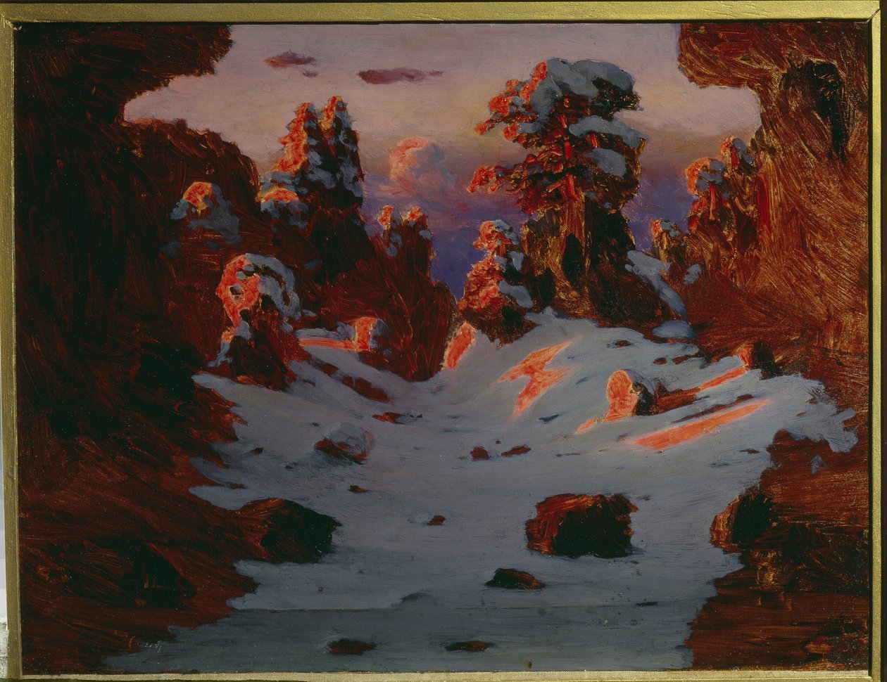日落时分的冬景（日落效果）。亚历山大-伊万诺维奇-金吉（Alexander Ivanovich Kuindzhi）（1842-1910 年）的画作。布面油画。尺寸：39 x 53 厘米。圣彼得堡，俄罗斯国家博物馆 作者 阿尔希普·伊万诺维奇·库因吉