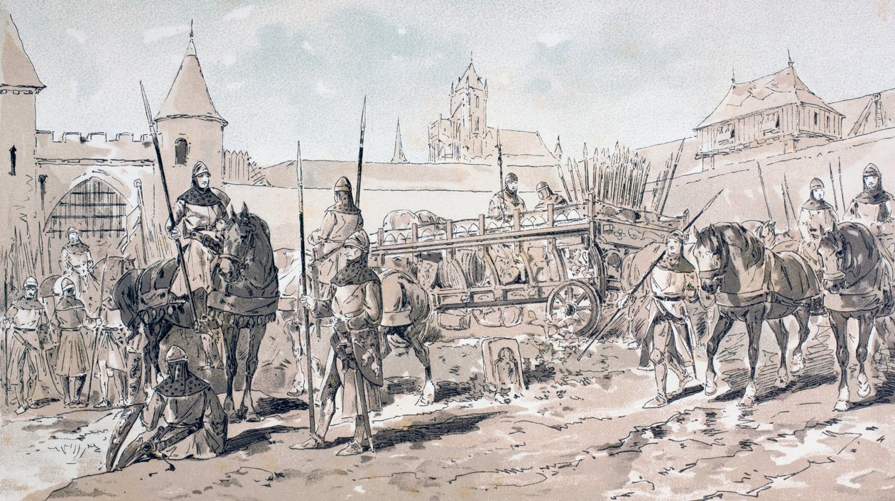 在1886年的13世纪，骑马和步兵与马拉马车携带武器和用品 作者 阿曼·让·海因斯