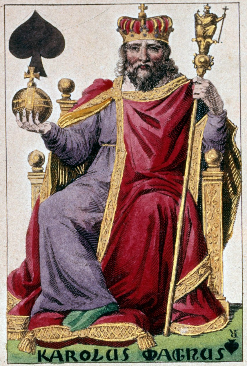 查理曼大帝的代表（查理一世称查理大帝 742-814）。 Gustave Houbigant (1789-1862) 19 世纪巴黎 B.N. 制作的扑克牌细节 作者 阿曼·古斯塔夫·霍比甘
